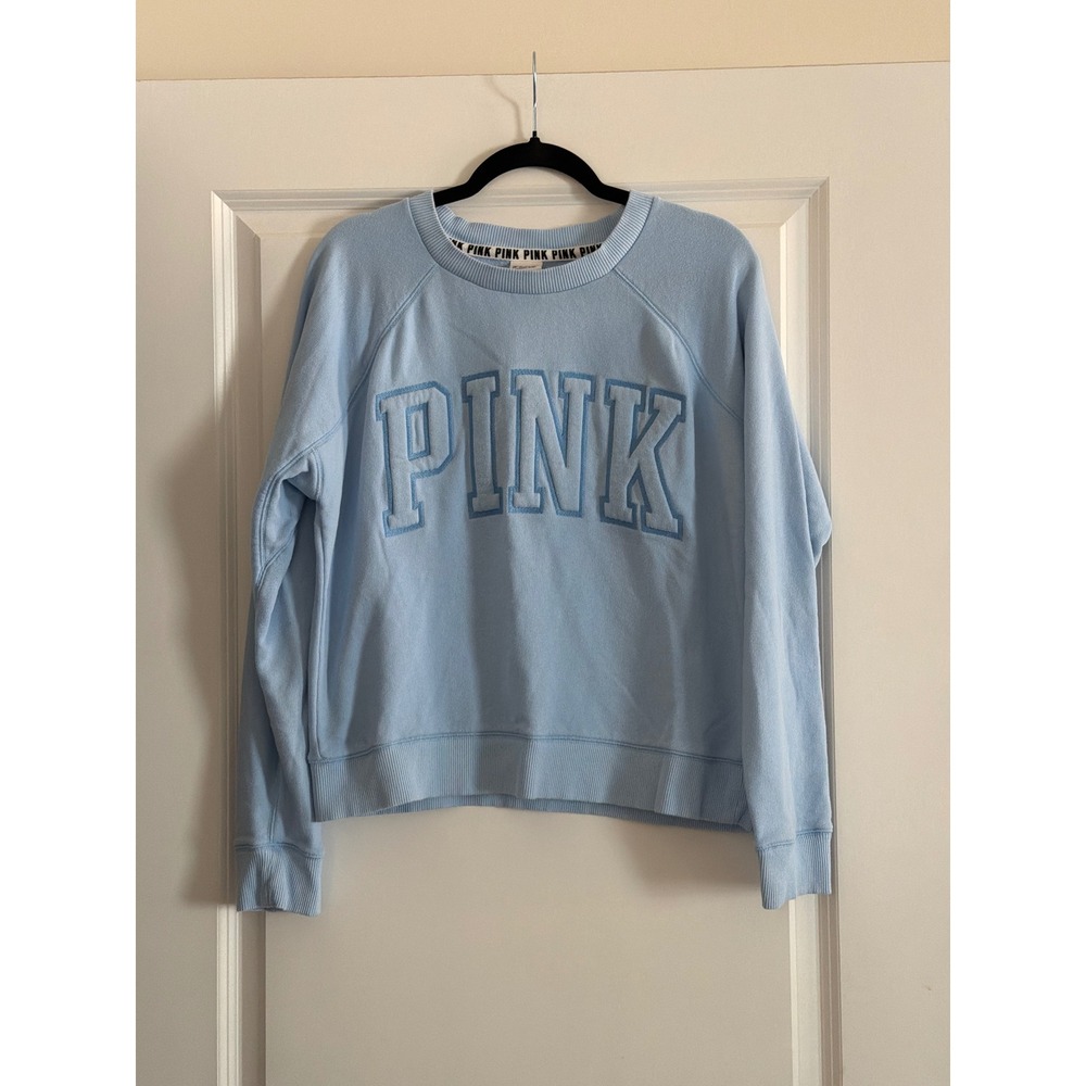 Victoria's Secret PINK Blue Sweatshirt Embroidered Crewneck Pullover Medium